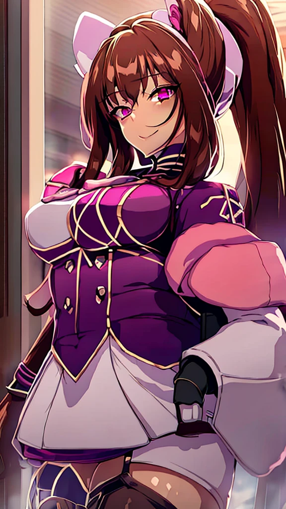 High detailed, 1 girl, cinnamon-brown hair, large ponytail, detailed pink eyes, confident expression, confident smile,  busty, round buson, plump body, purple military's clothes, pink military's skirt, mecha weapon, large white highsocks