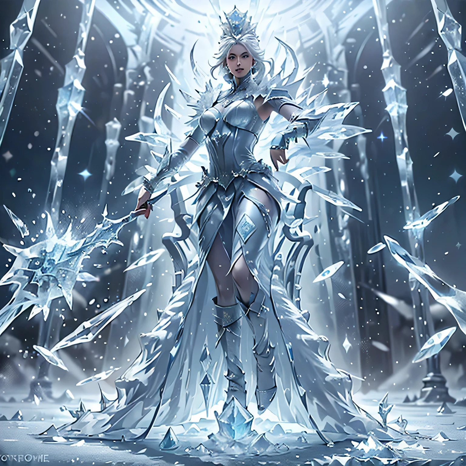 (Add a large ice throne to the background:1.5)、(No changes unless otherwise specified)、throneroom, ice, 