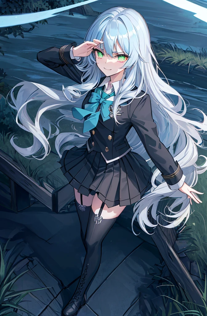hill background,original,(illustration:1.1),(best quality),(masterpiece:1.1),(extremely detailed CG unity 8k wallpaper:1.1), (colorful:0.9),(mid shot:0.95),(highly detailed beautiful face and body),(solo:1.2), (girl),(((adult))), (detailed beautiful eyes:1.15), (beautiful face:1.15), (glowing green eyes:1.25////),((jewel-like eyes)),(petite),(cute girl),(((blue long hair))),((blue long hair)),(wavy hair),((wavy hair)),(+perfect hand+:1.21),(gothic school uniform),(Religious),(slender),(black clothes),(gothic ribbon),ribbon tie,small breasts,miniskirt,gothic boots,black thighhighs,slim body,(evil smile),detailed background,eluding,erotic thighs,((stand ready for enemy attack)),((on the hill)),((angle from above)),(angry),slightly elevated location,There is a little grass and trees around.,