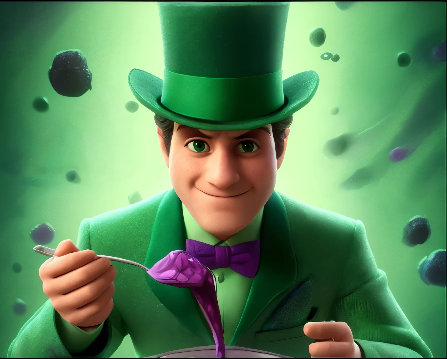Create a character with a face identical to the image provided. Preserve your face, the clothes and details. He is wearing a green suit with a matching top hat., light green shirt and purple bow tie.. Create the character&#39;s complete body, including legs and shoes that match the green suit. The background should be simple and neutral, no additional elements.