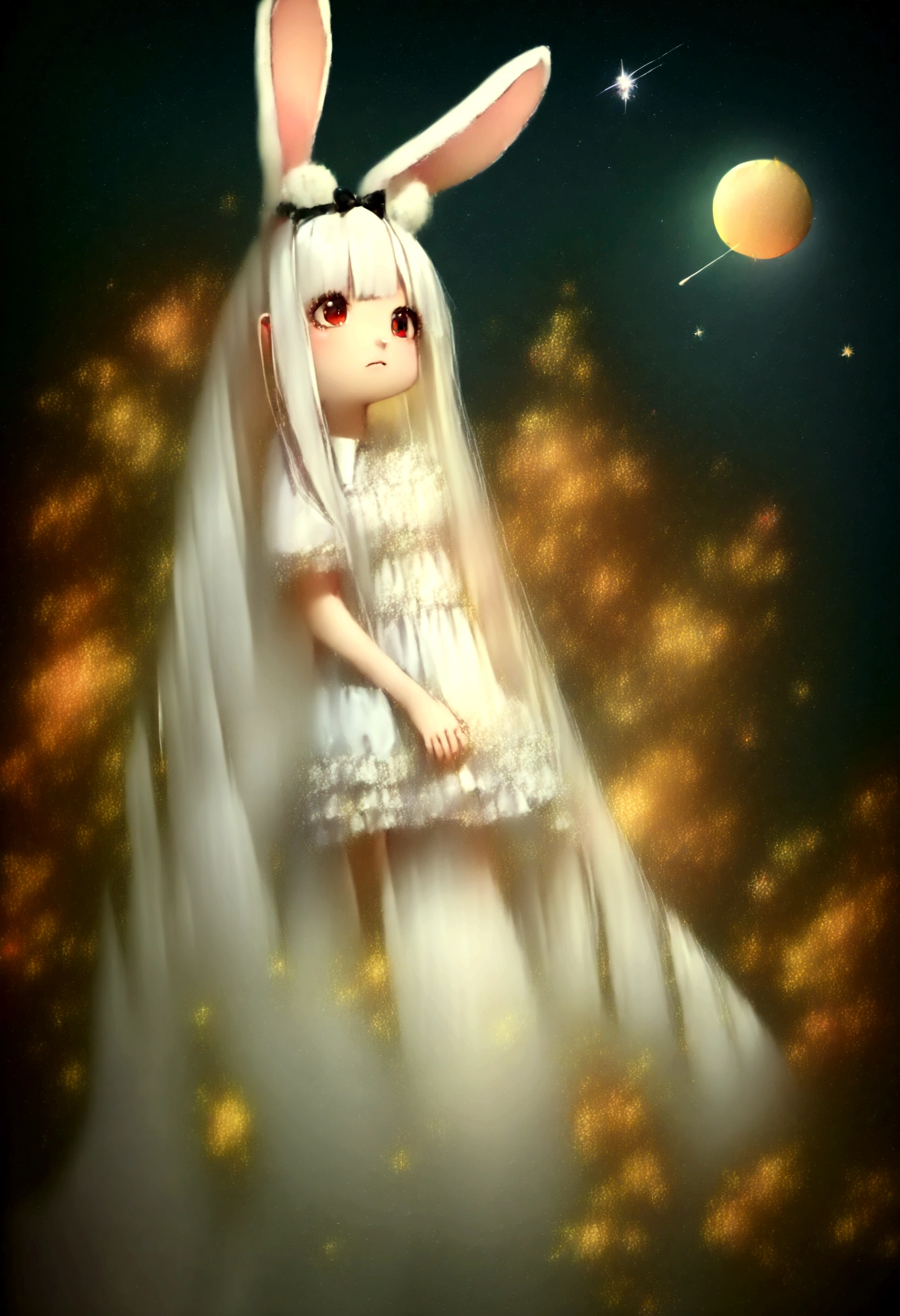 score_9, score_8_up, score_7_up, score_6_up, score_5_up, score_4_up,source_anime, source_furry,rating_safe, BREAK ,solo,1girl,human,cute,kawaii,small ???,age of 10,white hair,(very long hair:2.0),bangs,(fluffy white rabbit ear:1.4),red eye,big eye,beautiful shiny eye,skin color white,big black hairbow,(white frilled dress:1.3),(breast:1.3), BREAK ,at night,at plaza,many beautiful twinkle stars,colorful nebulas,shooting star,from below