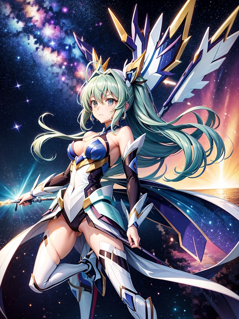 Highest quality,Highest Resolution,A beautiful metallic girl like Tsubasa Kazanari from Symphogear,Earth Behind,universe,Milky Way,High leg,