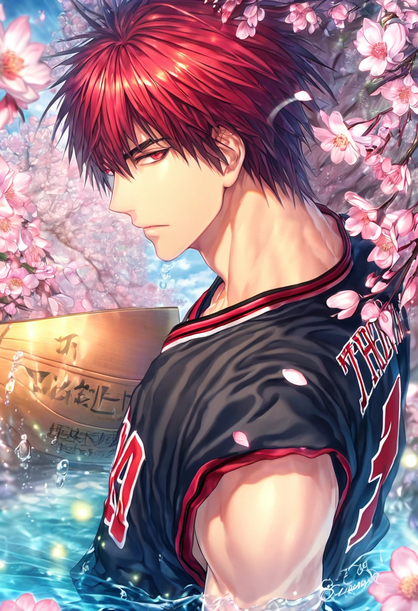 Ultra detailed, highres, absurdres, HDR, master piece, Kagami Taiga, red hair, black bangs, expressive red eyes, Kuroko No Basket, fantasy, pink petals, water, pink flowers, handsome, sexy man, solo, best quality, blossoms, blue shining fireflies, black basketball clothes, the word "Krozseria" is written on his shirt