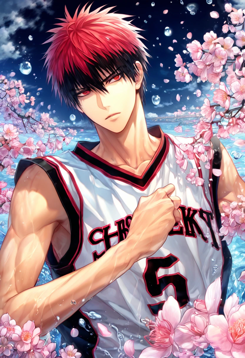 Ultra detailed, highres, absurdres, HDR, master piece, Kagami Taiga, red hair, black bangs, expressive red eyes, Kuroko No Basket, fantasy, pink petals, water, pink flowers, handsome, sexy man, solo, best quality, blossoms, blue shining fireflies, black basketball clothes, the word "Krozseria" is written on his shirt