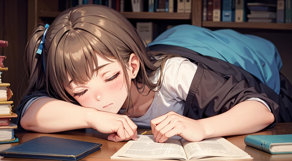 A cute girl falls asleep face down while studying