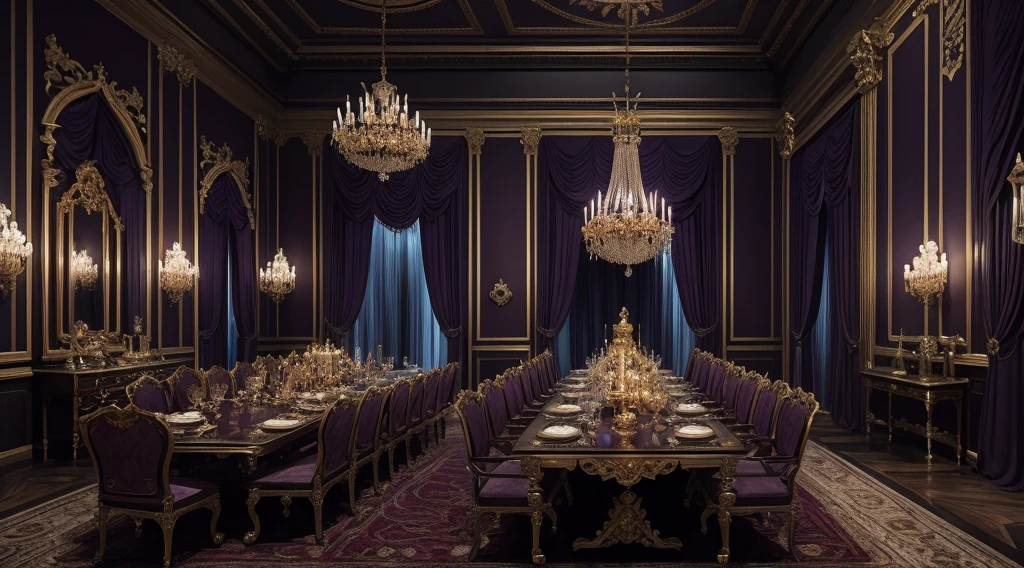 a dark and luxurious royal palace hall, a grand dinner table set with fine dinnerware, ornate portraits and statues lining the walls, purple ambient lighting, highly detailed, photorealistic, 8k, cinematic, dramatic lighting, intricate architectural details, opulent and regal atmosphere, ornate furnishings and decor, elegant and sophisticated, masterpiece , purple lights