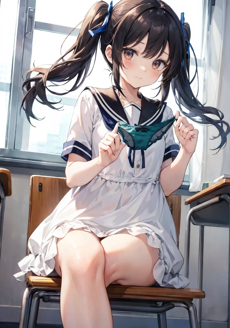 (masterpiece, 4K resolution, Ultra-realistic, Very detailed), girl、、12 years old、 shortsleeve serafuku,Sit on a chair、classroom、Holding white panネクタイs with both hands、smile、Black Hair, twintail、Brown eyes,holding panネクタイs,presenting panネクタイs.Perfect Fingers、Holding panties , beautiful face