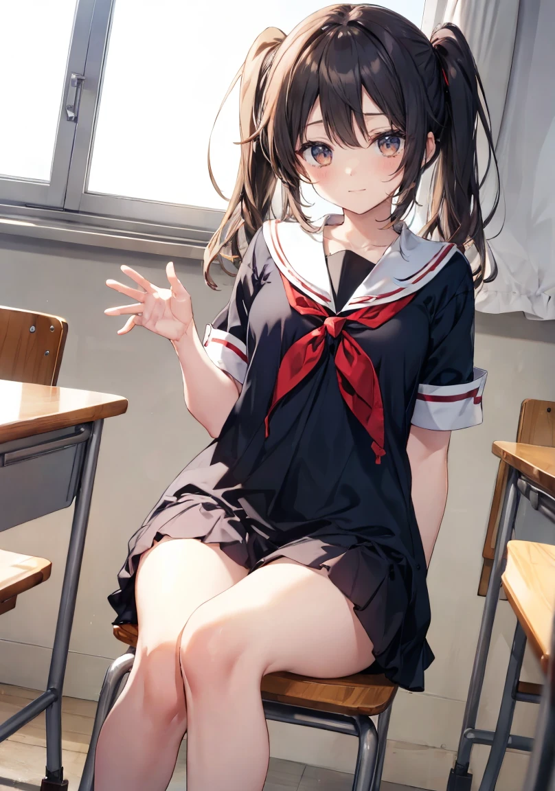 (masterpiece, 4K resolution, Ultra-realistic, Very detailed), girl、、、 shortsleeve serafuku,Sit on a chair、classroom、Holding white panネクタイs with both hands、smile、Black Hair, twintail、Brown eyes,holding panネクタイs,presenting panネクタイs.Perfect Fingers、Holding panties , beautiful face