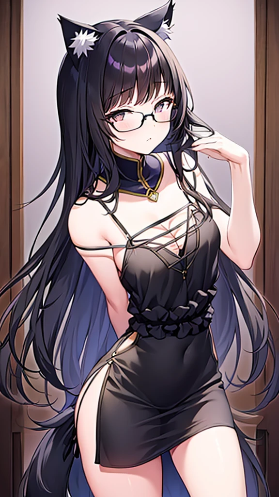 A 20-year-old cat girl with long black hair, gray eyes, cat ears and a cat tail, wears glasses, black long dresses sexy, sleeveless, standing, looking down