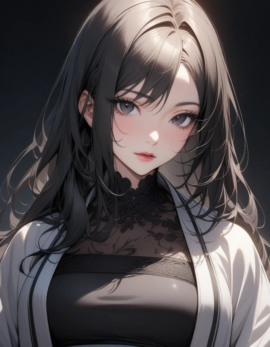 Mature big sister，Black long hair，Black tube top，Hanfu，Beautiful black eyes，Extremely detailed，high resolution，Simple background