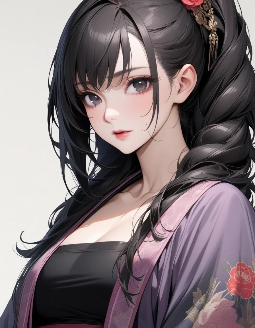 Mature big sister,Black long hair,Black tube top,Hanfu,Beautiful black eyes,Extremely detailed,high resolution,Simple background