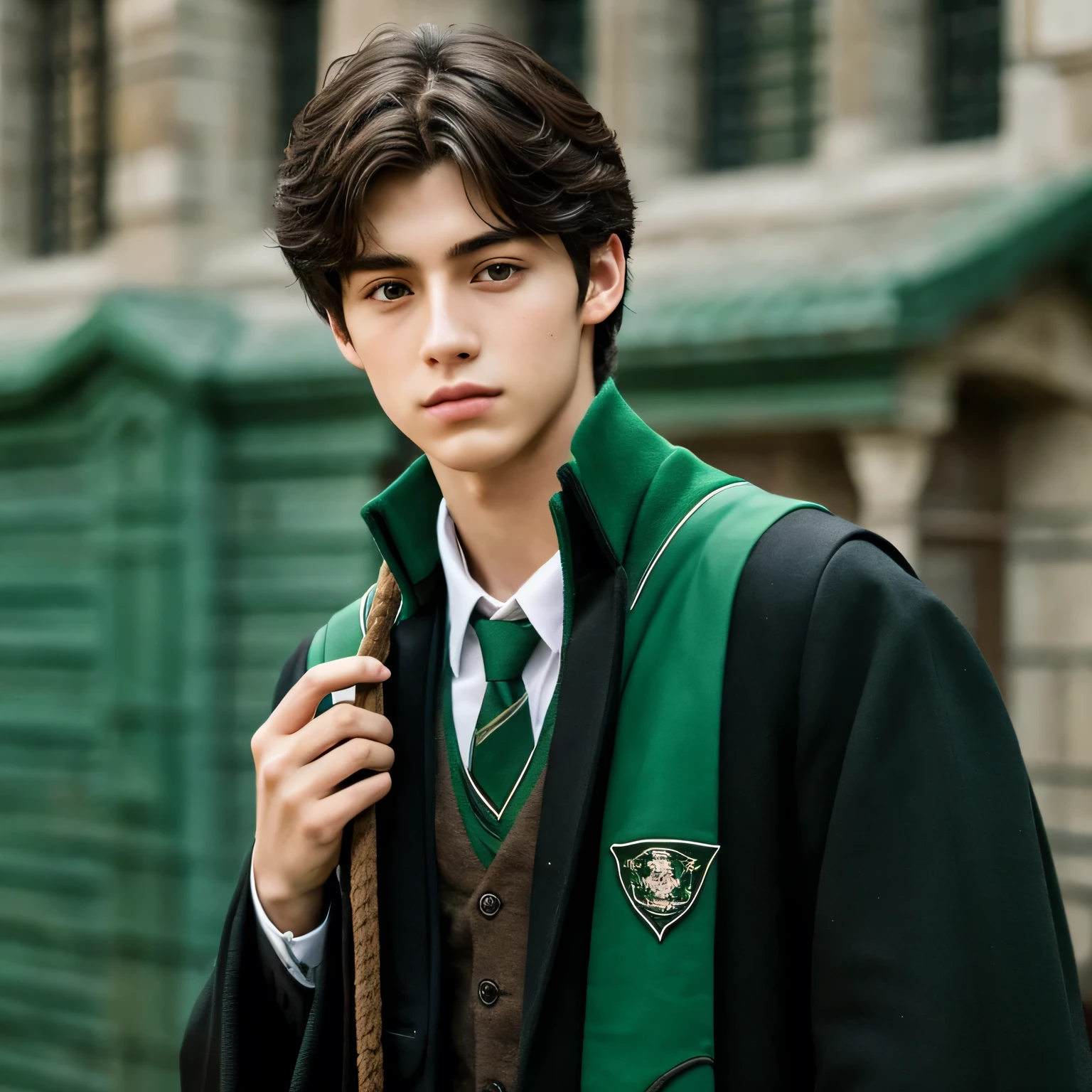 Handsome 20 year old boy in black Slytherin uniform., Hogwarts, for the black, light eyes, Delgado, high, holding black cat