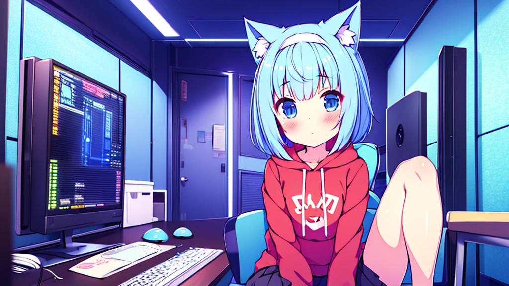 1 beautiful girl, great image quality ,nekomimi, with lots of detail, ray tracing, blush on the cheeks headband on the head in a gaming,outfit hoodie, short pleated mini skirt, gamer, long stockings, blue eyes, blue hair long, , in a neon room, PC gaming, perfect anatomy, 