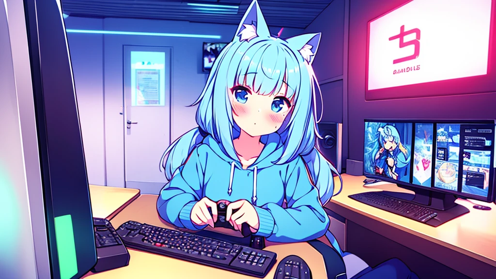 1 beautiful girl, great image quality ,nekomimi, with lots of detail, ray tracing, blush on the cheeks headband on the head in a gaming,outfit hoodie, short pleated mini skirt, gamer, long stockings, blue eyes, blue hair long, , in a neon room, PC gaming, perfect anatomy, 