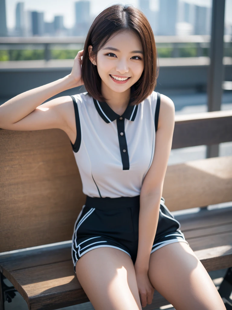 (8K、Raw photography、top-quality、masterpiece:1.2)、(realisitic、Photorealsitic:1.37)、ultra-detailliert、超A high resolution、1人、see the beholder、beautifull detailed face、A smile、Constriction、(Slim waist) :1.3)、Beautiful detailed skin、Skin Texture、Straight hair、Professional Lighting、Whole human body、Short hair、a blond、hi-school girl、School Grounds、Small breasts、Bob Hair、Happy smile、perspiring、(White panties:1.1)、Sleeveless polo shirt、Baseball Cap、(Sitting table:1.2)、(Facing the front)、(Spread legs:1.2)、Brachira、(Armpits:1.1)、poneyTail