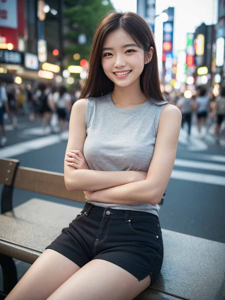 ((Ultra-detailed)), (top-quality), ((masterpiece)), ((Super exciting)), ((8K)), ((1080p)), ((extremely clear)), ((Very sophisticated)),((natural lighting)), ((depth of fields)), ((Glowing skin)), ((gleaming)), ((shiny-glistening)), (3D)), ((Perfect Anatomy)), (Realistic skin texture), ((Detailed face description)), (((perfect balance))), (((Solo))), ((a girl)), (grinned)), (slanted eyes), (sit on bench), (grinned), ((sleeveless)), (shirts), (short pants), ((Tokyo background)),