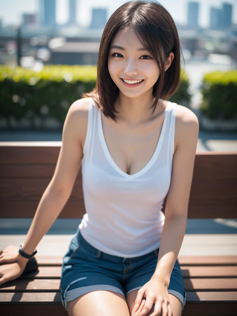 (masutepiece:1.5)、(top-quality:1.5)、(16k wallpaper:1.2)、(Photorealsitic:1.2)、(ultra-detailliert:1.2)、(超A high resolution:1.2)、super-detaild skin、Detailed and clean eyes、(Multiple males and one female:.3)、(Touching women's breasts:1.3)、(Having sex:1.3)、Sitting with your knees upright、spreading legs、Natural Color Lip、White short-sleeved T-shirt and navy blue sports panties 、Clean thighs、An 18-year-old woman、Semi-long bob hair、large full breasts、Red cheeks、Smile with wide open mouth、School sports ground、White High Socks、sexy pose