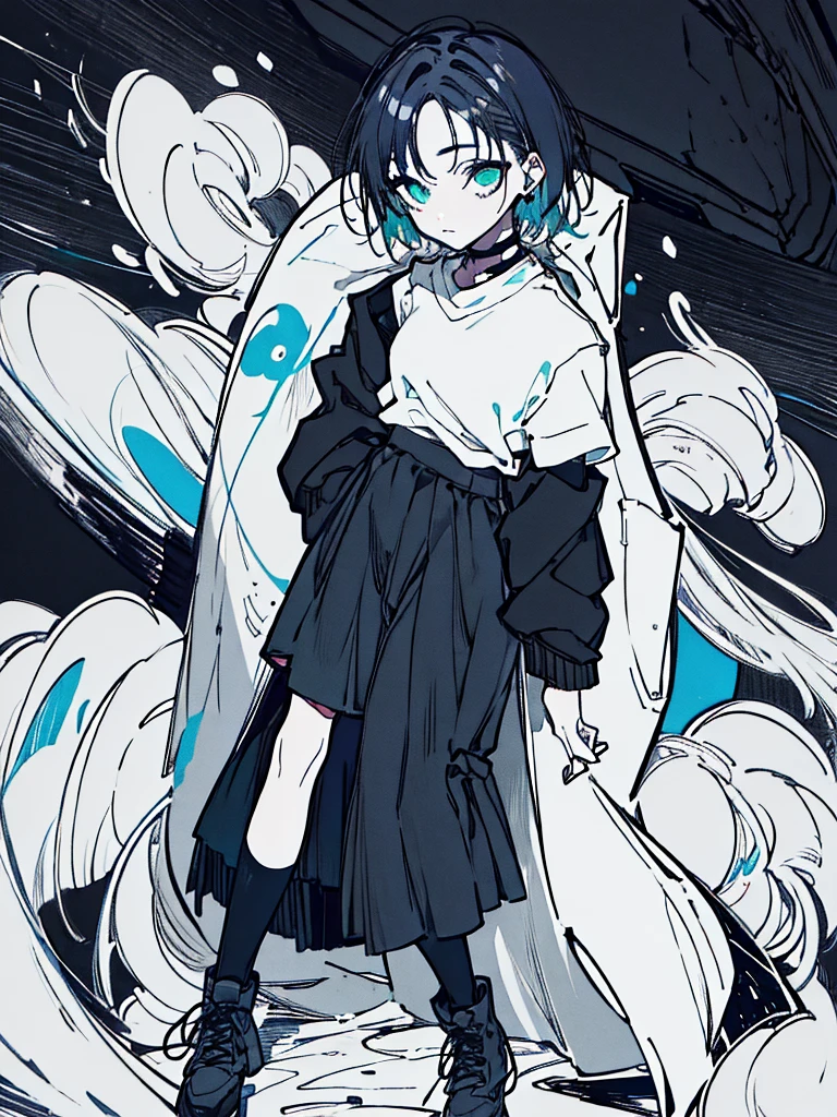 ((body)) skinny, short, pale, freckles on the face, 18 years old ((hair)) long black hair, messy, ((eyes)) green eyes, ((black outfit)) oversize black shirt, blue skirt, knitted shoe covers, black cotton fingerless gloves, black boots, piercings, choker