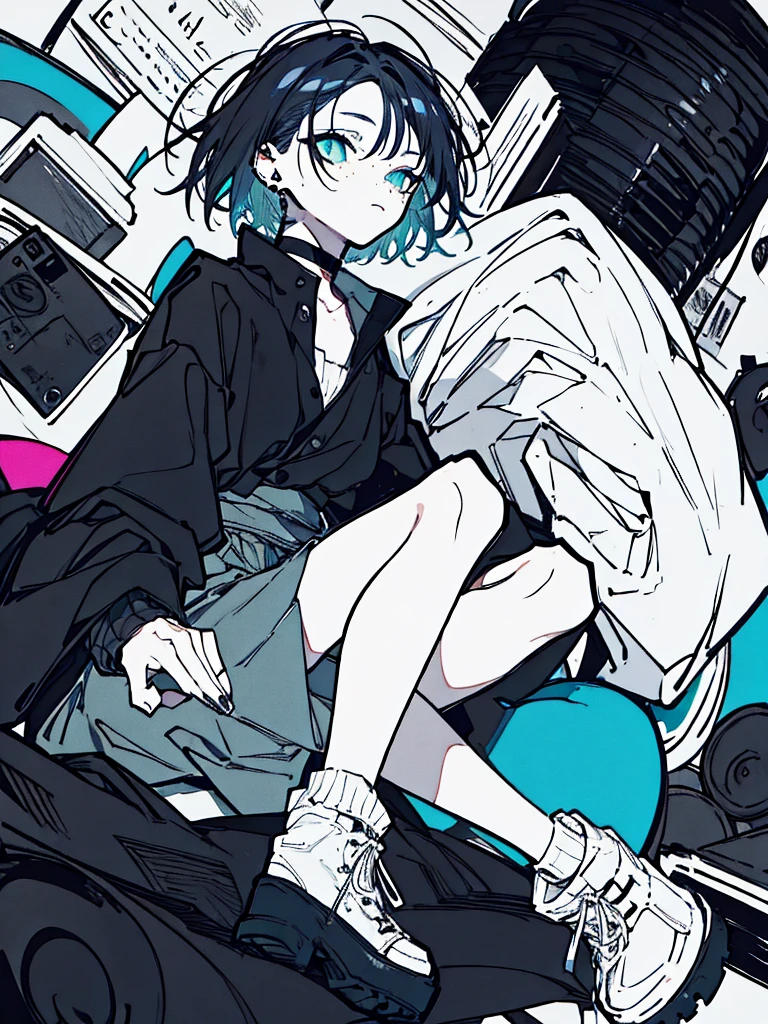 ((body)) skinny, short, pale, freckles on the face, 18 years old ((hair)) long black hair, messy, ((eyes)) green eyes, ((black outfit)) oversize black shirt, blue skirt, knitted shoe covers, black cotton fingerless gloves, black boots, piercings, choker