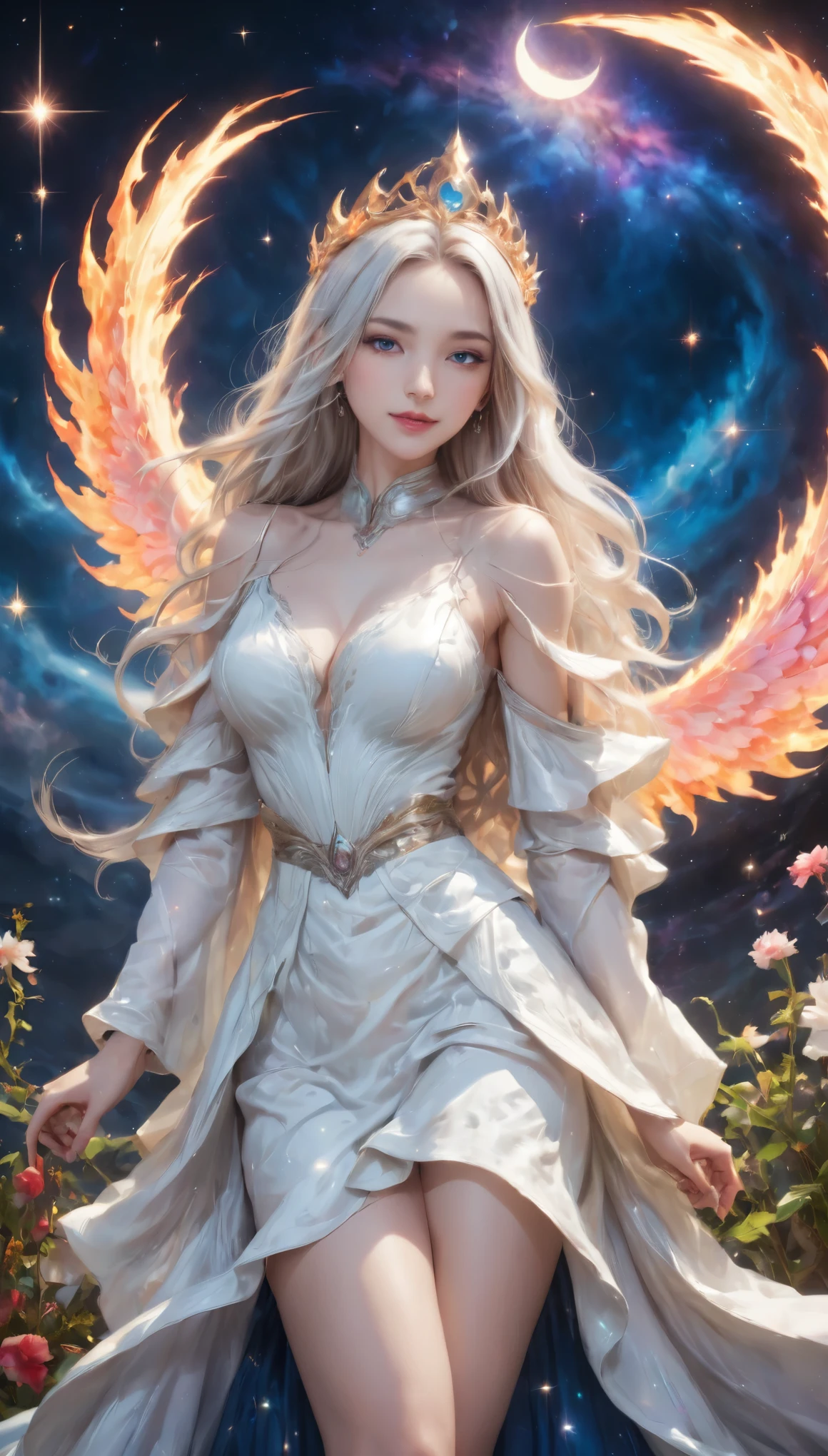 8K resolution, masterpiece, Highest quality, Award-winning works, unrealistic, From above, erotic, sole sexy lady, healthy shaped body, 22 years old, white mage, 170cm tall, huge firm bouncing busts,, white silver long wavy hair, Detailed facial depictions, Break, Mysterious blue eyes, Standard nose, Eyeliner, pink lips, sexy long legs, Clear skin, white mage, A gorgeous long walking stick in seven colors, Gothic , Gothic ruffle long dress, A dress with a complex structure, Seven-colored colorful dress, Clothed in flames, Phoenix Crest, elegant, Very detailed, Delicate depiction of hair, miniature painting, Digital Painting, artステーション, コンセプトart, Smooth, Sharp focus, shape, artジャム、Greg Rutkowski、Alphonse Mucha、William Adolphe Bouguereau、art：Stephanie Law , Royal Jewel, nature, Symmetric, Greg Rutkowski, Charlie Bowwater, Unreal, Surreal, Dynamic Lighting, ファンタジーart, Complex colors, Colorful magic circle, flash, dynamic sexy poses, A kind smile, Mysterious Background, Aura, A gentle gaze, BREAK, Small faint lights and flying fireflies, night, lanthanum, 山の頂From above下界を見下ろす, Starry Sky, milky way, nebula, shooting star, Flowers, birds, wind and moon, (Back view, Looking back towards the camera:1.3), healing magic, A pillar of light stretching to the sky, Laser beam, Climb the stairs to heaven