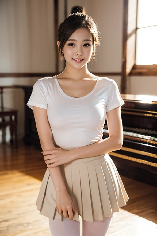 (a gorgeous lady, age 22, white T-shirt, pleated mini-skirt, standing in ballet room, shy expression, dimples, cute snaggle-tooth, short hair ponytail, photorealistic, beautiful detailed face, beautiful detailed eyes, ample round bosom, hyper-realism, high contrast, ultra HD, realistic skin textures, top image quality, top-quality, super high resolution, fine details, very meticulously, masterpiece, head to thigh, the Cowboy shot, romantic feel, bokeh background)