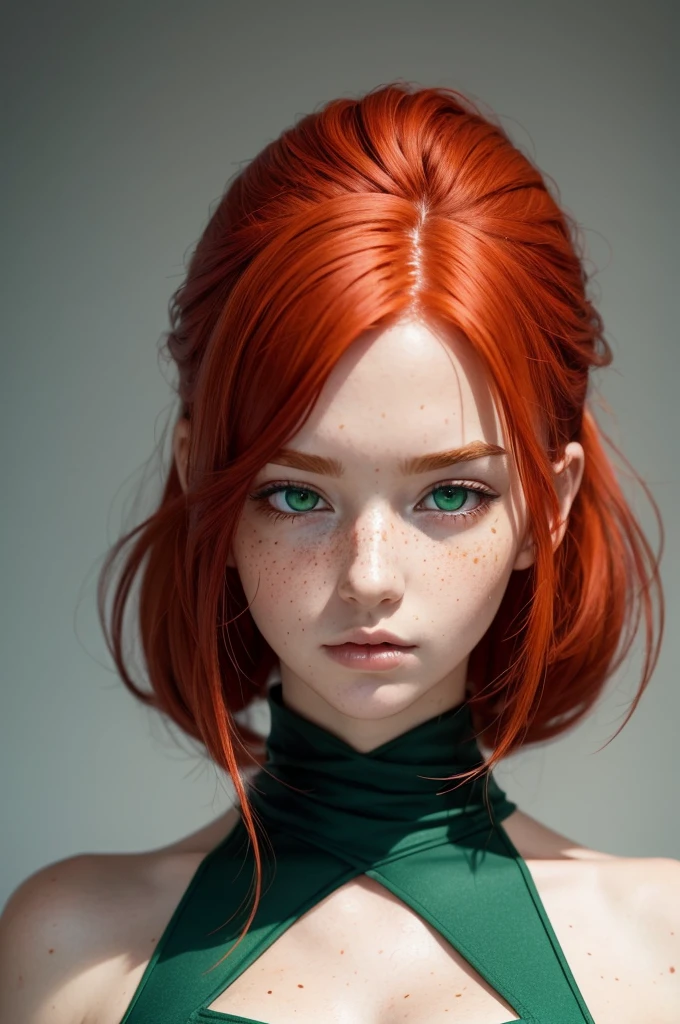 make me a manga-style color panel of a woman with red hair, green eyes and freckles on the body, tall and serious