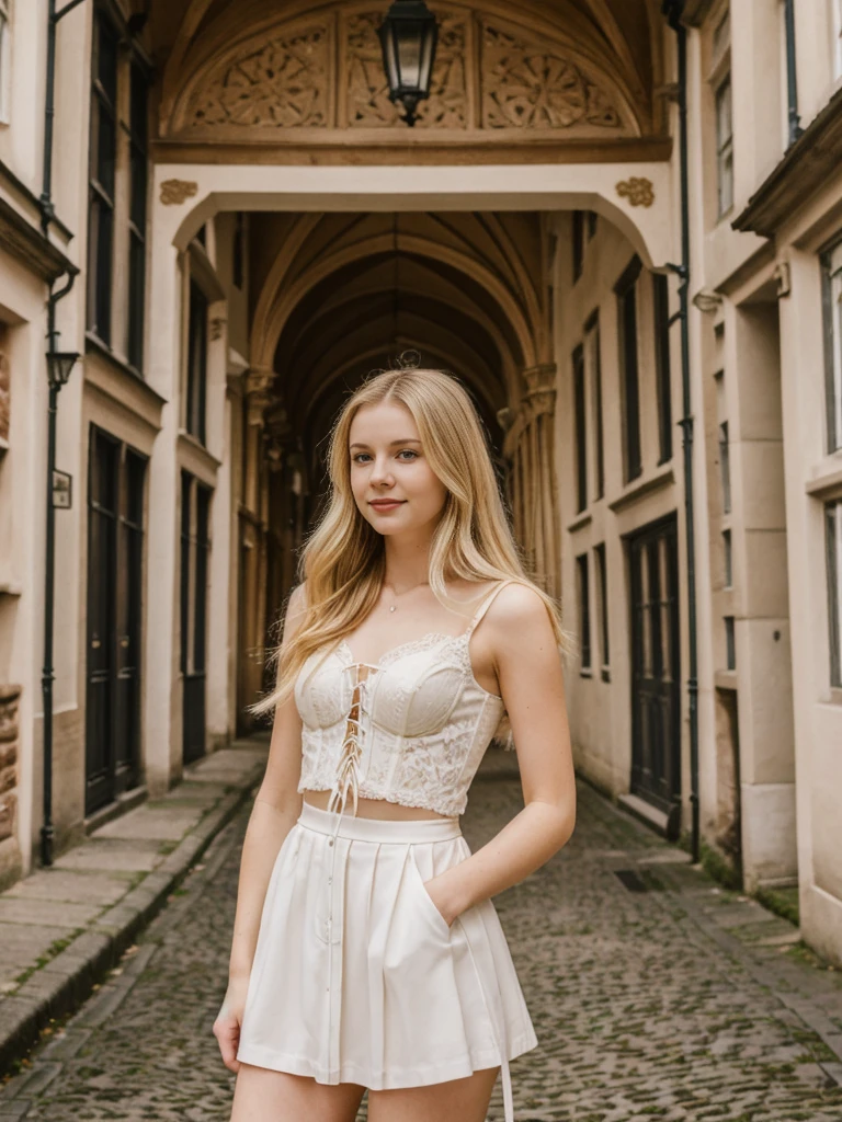 her name is Marie, high quality, 1girl, ((20-year-old fit Caucasian woman)), ((20 years old)), ((fit)), ((pale skin tone)), medium length straight blonde hair , wearing Lace-Up Corset Top + High-Waisted Pleated Skirt, pose: standing, background: Detail the picturesque streets of Bruges, Belgium, where cobblestone lanes, historic buildings, and serene canals create a postcard-perfect scene.