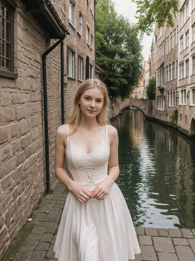 her name is Marie, high quality, 1girl, ((20-year-old fit Caucasian woman)), ((20 years old)), ((fit)), ((pale skin tone)), medium length straight blonde hair , wearing Lace-Up Corset Top + High-Waisted Pleated Skirt, pose: standing, background: Detail the picturesque streets of Bruges, Belgium, where cobblestone lanes, historic buildings, and serene canals create a postcard-perfect scene.