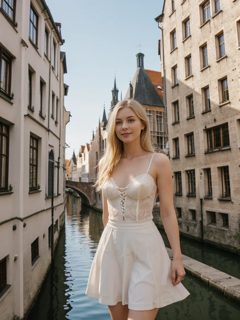 her name is Marie, high quality, 1girl, ((20-year-old fit Caucasian woman)), ((20 years old)), ((fit)), ((pale skin tone)), medium length straight blonde hair , wearing Lace-Up Corset Top + High-Waisted Pleated Skirt, pose: standing, background: Detail the picturesque streets of Bruges, Belgium, where cobblestone lanes, historic buildings, and serene canals create a postcard-perfect scene.