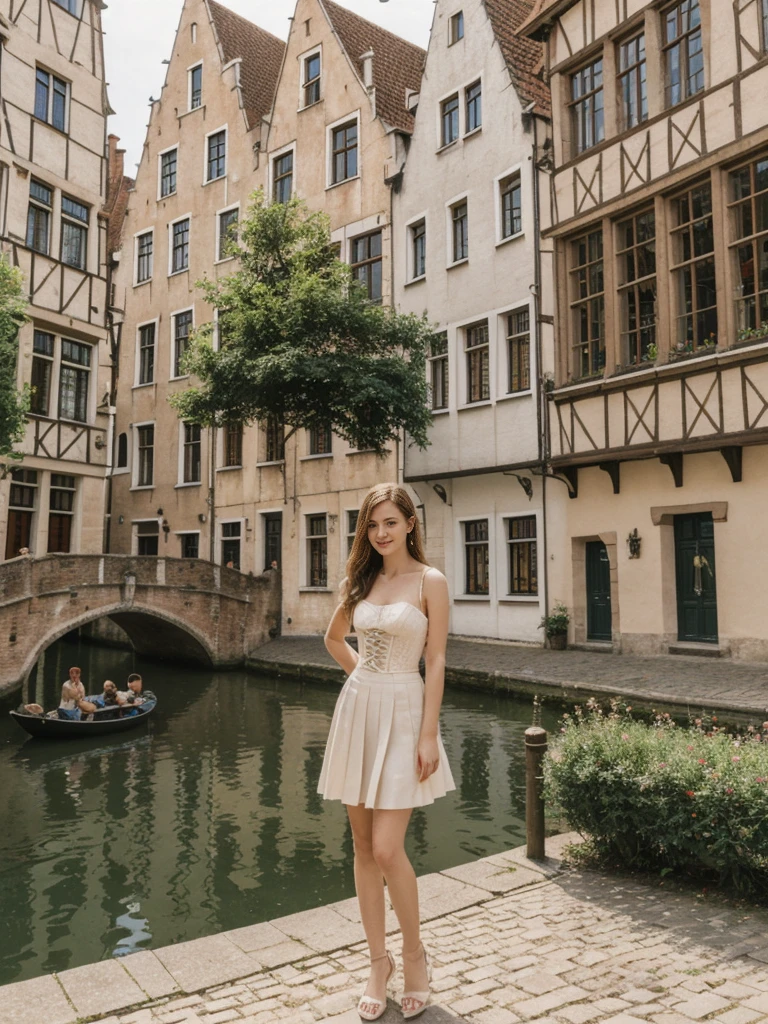 her name is Marie, high quality, 1girl, ((20-year-old fit Caucasian woman)), ((20 years old)), ((fit)), ((pale skin tone)), medium length straight blonde hair , wearing Lace-Up Corset Top + High-Waisted Pleated Skirt, pose: standing, background: Detail the picturesque streets of Bruges, Belgium, where cobblestone lanes, historic buildings, and serene canals create a postcard-perfect scene.