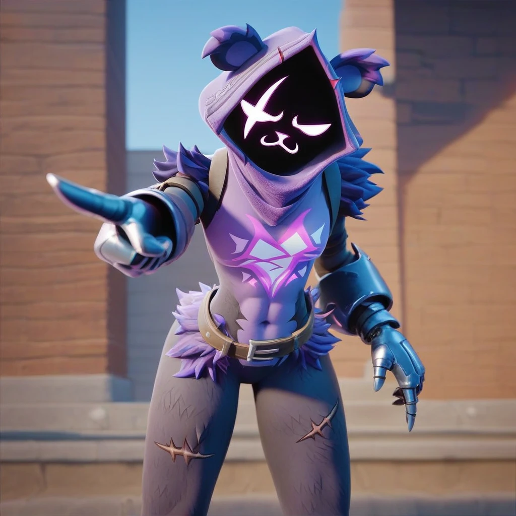 Raven team leader,purple hoodie, with no face, shadowed face, animal ears,purple skin, scar on eye, body skin, purple fur, waist belt, torso symbol, metal gloves, pointing your ass at the viewer, leaning forward, pushing, she closes her eyes, hands resting on top of a small wall, arms on top of a wall with her eyes closed, expression of force, stomachache, stomach growling. scenery and a sunny day
