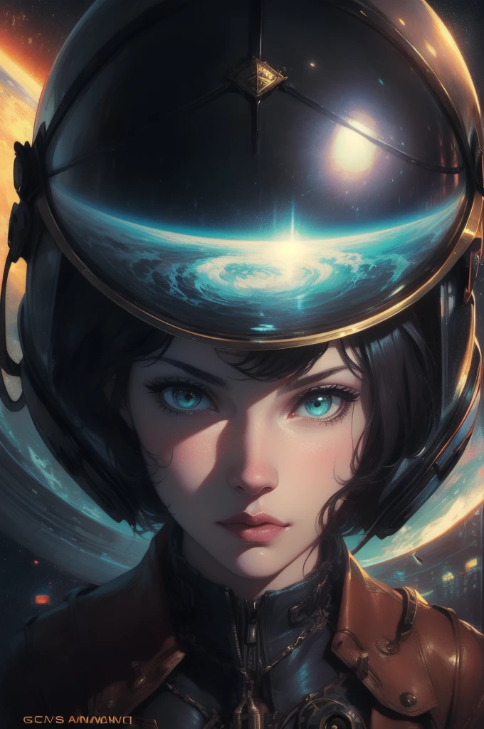 Wearing a helmet、Close-up of a woman wearing science fiction, Boris Vallejo and Tom Bagshaw, Prophet graphic novel, Space Relic, Inspired by Earl Norem, Deep Dream, Awarded at cgsociety, She looks a bit like Amy Adams, Golden Turquoise Steampunk, 2070  