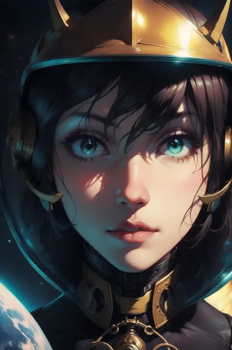 wearing a helmet、close-up of a woman wearing science fiction, boris vallejo and tom bagshaw, prophet graphic novel, space relic,...