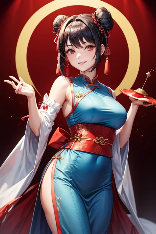just a girl, 1 girl, wearing traditional chinese clothing, Stand up straight, by sea blue, blood red eyes, SMILE, double bun hairstyle, mature woman body, wearing a bow, curves, looking at the viewer, short hair