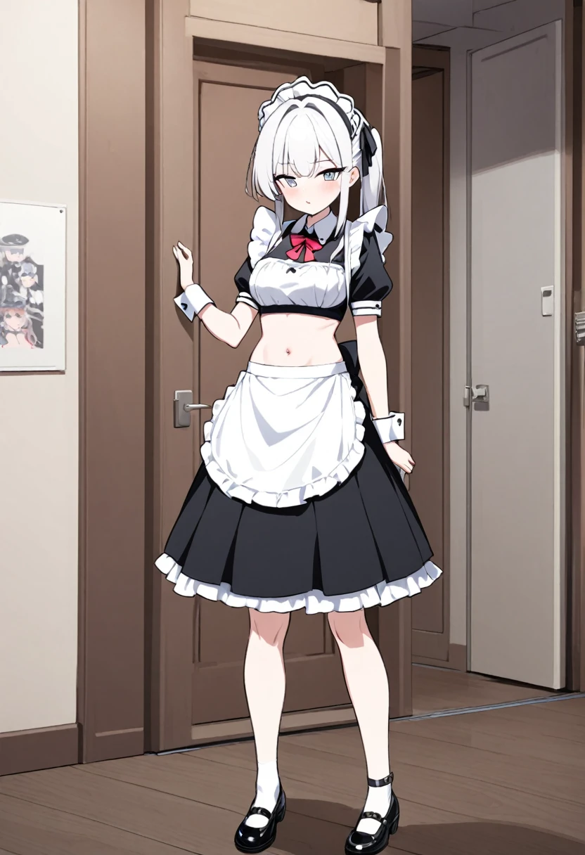 archive, maid, skirt maid, midriff navel showing,standing,