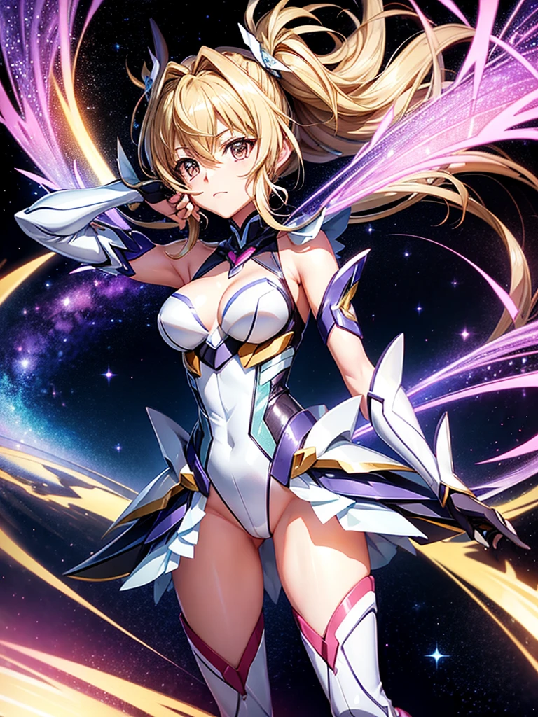 Highest quality,Highest Resolution,A beautiful girl in a metallic high-leg outfit, like Tsubasa Kazanari from Symphogear,Earth Behind,universe,Milky Way,