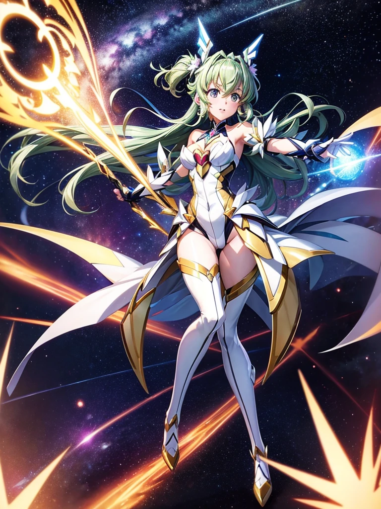 Highest quality,Highest Resolution,A beautiful girl in a metallic high-leg outfit, like Tsubasa Kazanari from Symphogear,Earth Behind,universe,Milky Way,