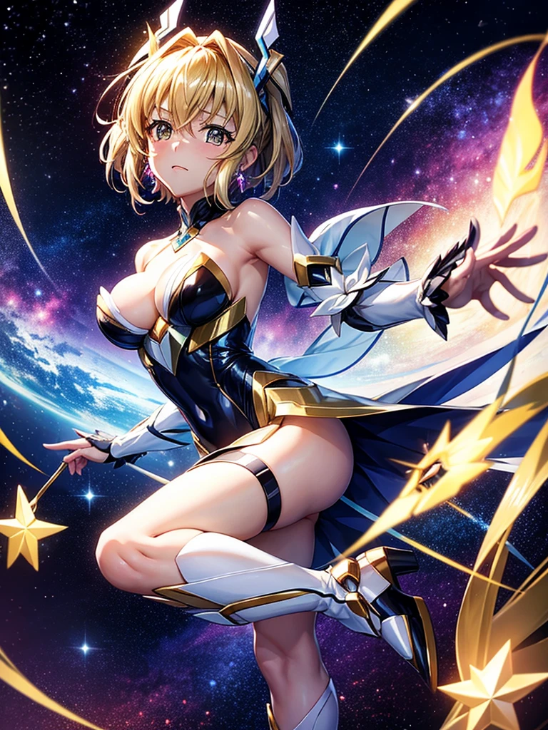 Highest quality,Highest Resolution,A beautiful girl in a metallic high-leg outfit, like Tsubasa Kazanari from Symphogear,Earth Behind,universe,Milky Way,