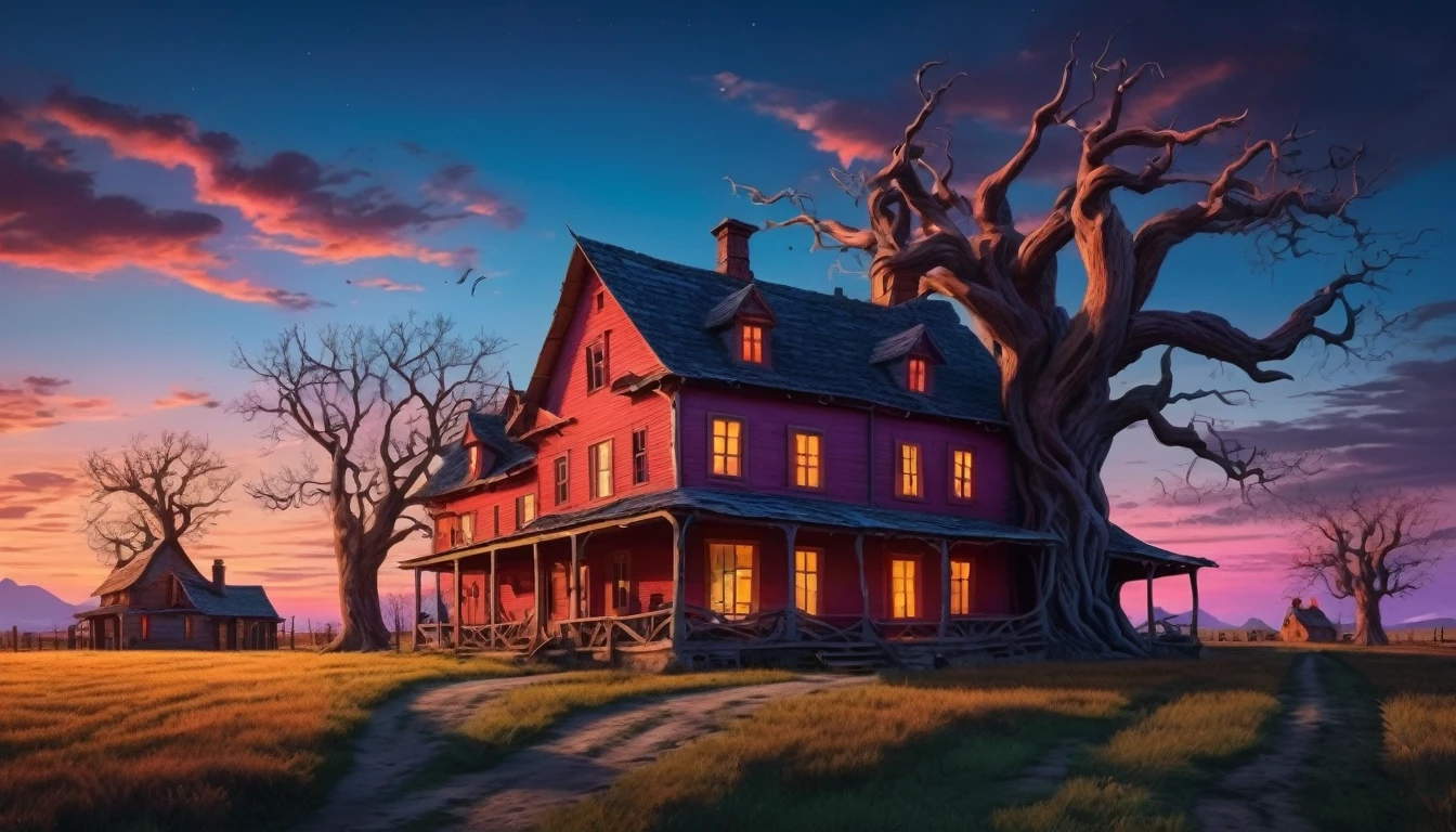 An eerie, surreal farmhouse at twilight with exaggerated shadows and twisted trees. Hyper realistic photo, vibrant colors, 16k