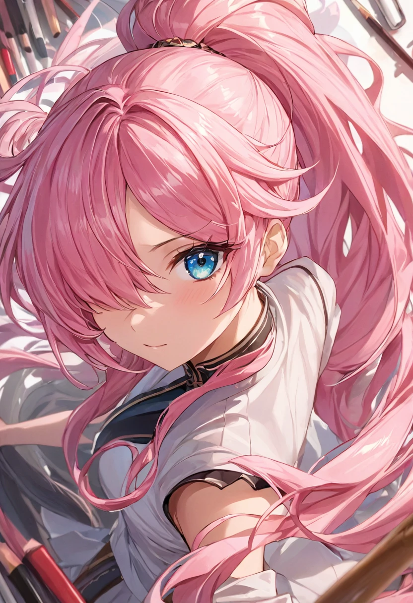 masterpiece, best quality cowboy_shot, 1 female, (long_ponytail wavy tip pink color hair), (hair over one eye), pov-from above, detailed beautiful eyes, detailed gorgeous face, perfect anatomy, dynamic pose, intricate details, PIXIV, krenz cushart, anime,