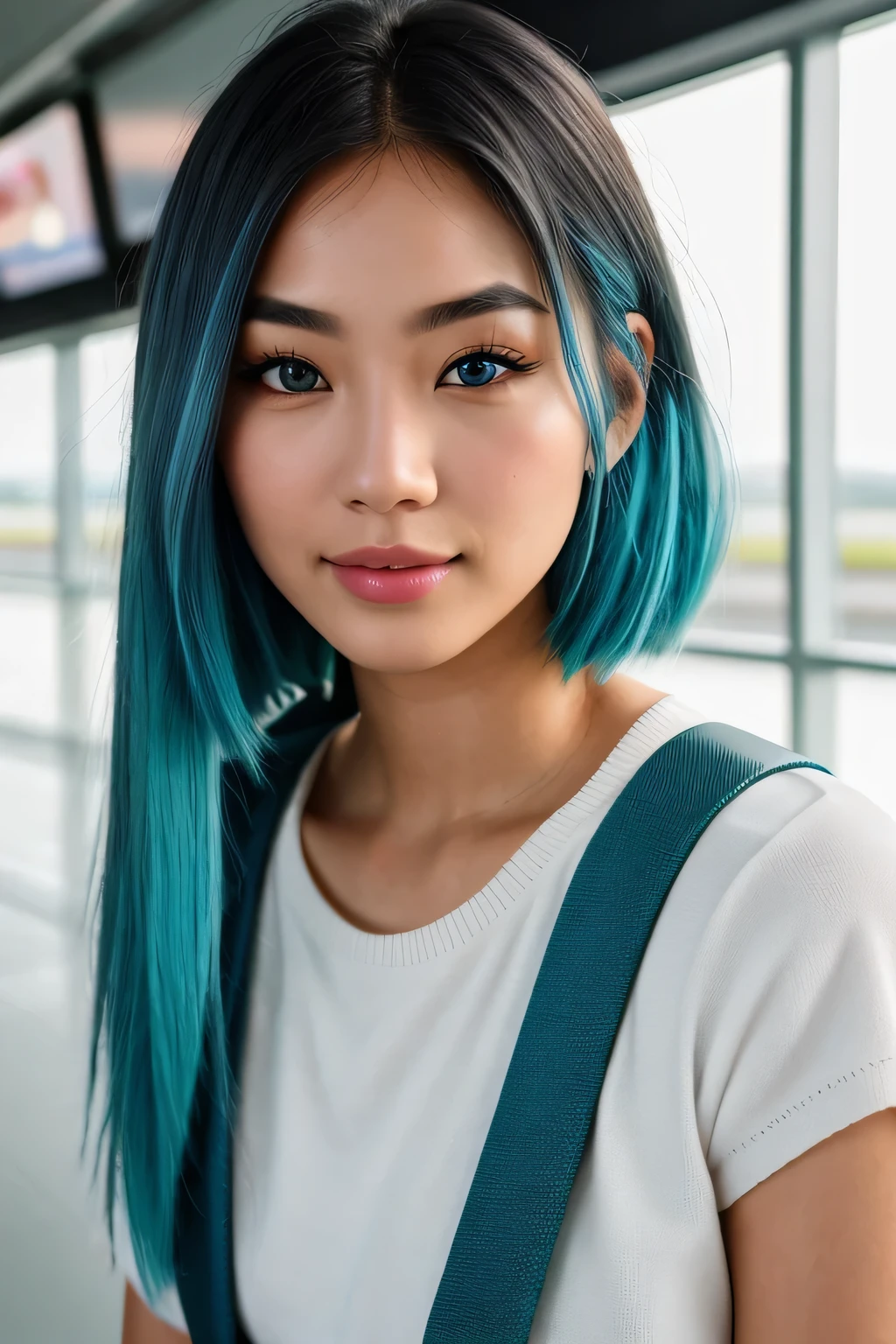 photo of (emikin:0.99), woman as a sexy TikTok influencer, cobalt hair, blue hair , teal hair , twintails, piggy tails, backpack, grey tracksuit, indoors , at airport , awaiting flight, background airport flight board , bangkok airport , world traveling , digital nomad , laptop, (extremely detailed CG unity 8k wallpaper), photo of the most beautiful artwork in the world, professional majestic (photography by Steve McCurry), 8k uhd, dslr, film grain, Fujifilm XT3 sharp focus, f 5.6, High Detail, Sharp focus, dramatic, (looking at viewer:1.2), (detailed pupils:1.3), (natural light), (seductive) , (masterpiece:1.3), (8k, photorealistic, RAW photo, best quality: 1.4), (1girl), beautiful face, (realistic face), beautiful hairstyle, realistic eyes, beautiful detailed eyes, (realistic skin), beautiful skin, (black sweater), absurdres, attractive, ultra high res, ultra realistic, highly detailed, golden ratio, woman with white skin and Asian features, 24-year-old blue hair (green-eyed woman), Her eyebrows are well-defined, with a natural arch that complements her eye shape. She has a small, elegant nose with a slight upward curve at the tip. Her lips are full and naturally pink, with a well-defined Cupid's bow. Her teeth are straight and white, enhancing her captivating smile. Her face has an oval shape with high cheekbones that add to her model-like appearance.