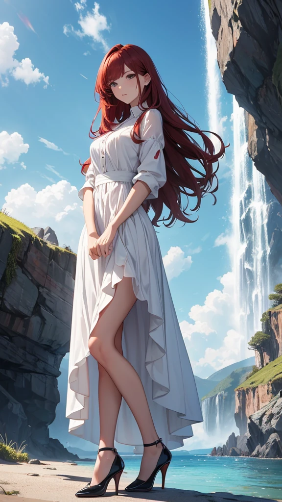 ({{high resolution,}},Masterpiece,ultra detailed,Best Quality,8k)cloud, sky, scenery, day, Blue_sky, mountain, cloudy_sky, outdoor, waterfall, Fancy, horizon, cliff, rock, water, landscape, mountainous_horizon, ocean, tree, River, floating_The same, handsome woman, whole body, office wardrobe, elegant, red sole high heels, dark red hair, long hair, fixed hair,
