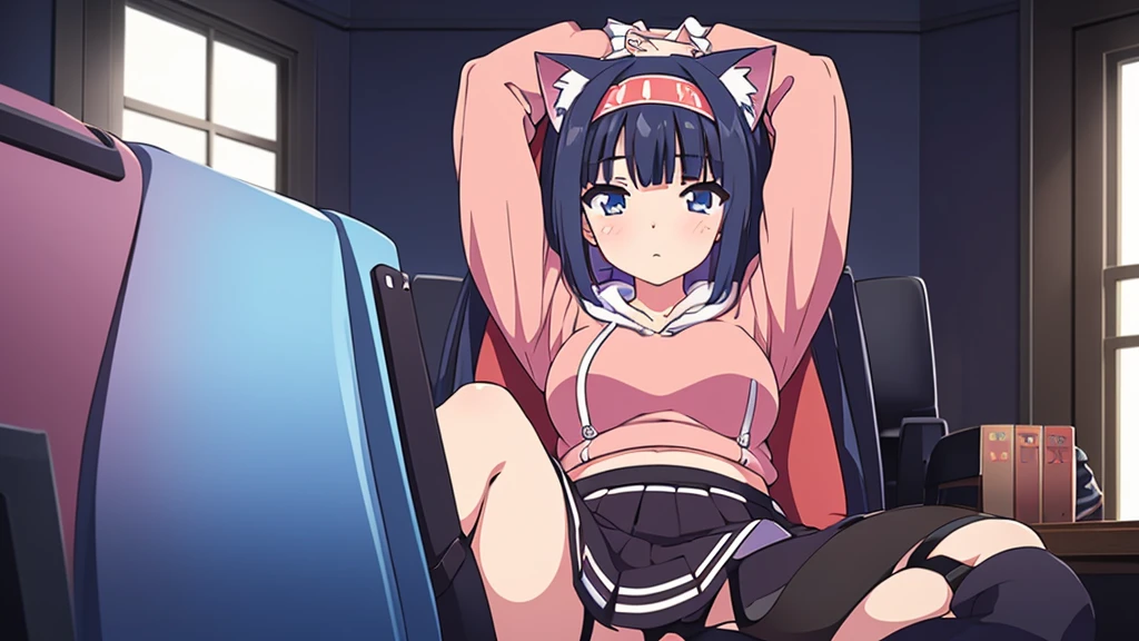 1 beautiful girl, great image quality ,nekomimi, with lots of detail, ray tracing, blush on the cheeks headband on the head in a gaming,outfit hoodie, short pleated mini skirt, gamer, long stockings, blue eyes, blue hair long, , in a neon room, PC gaming, perfect anatomy,