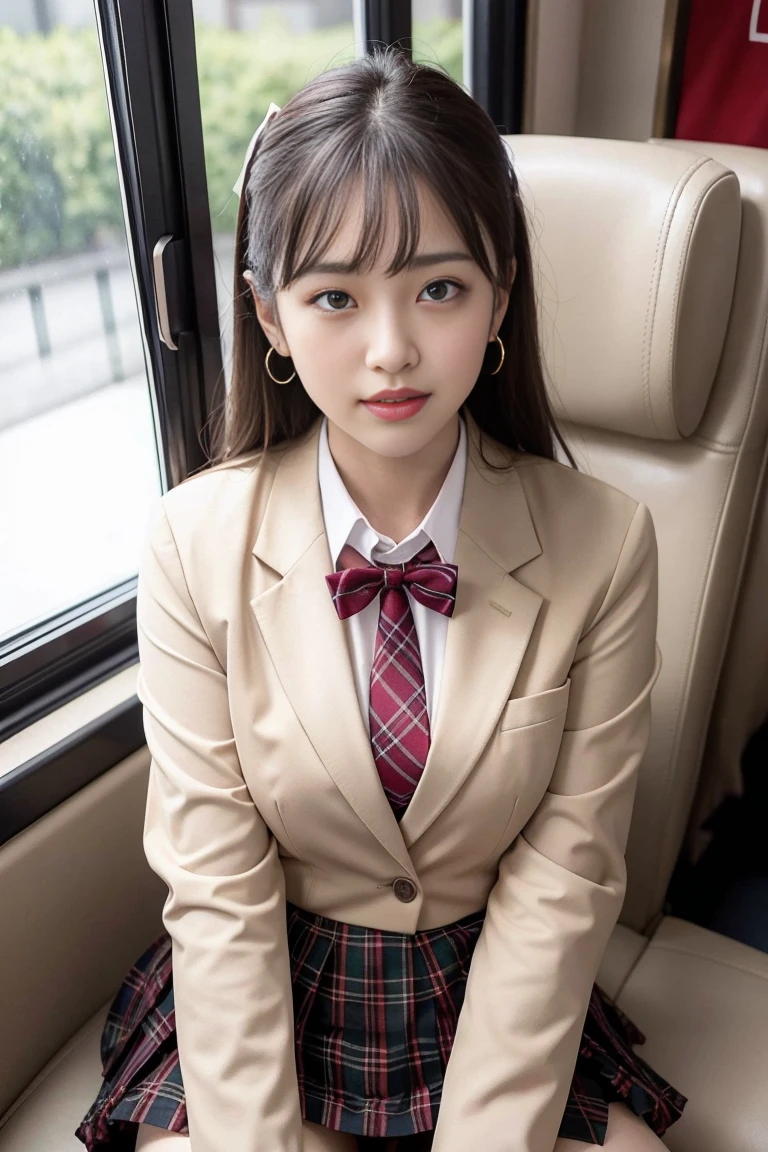 Inside the train、(Ejaculation-only vehicle)、(8K), (Highest quality: 1.2), (Realistic), (Realistic: 1.37), Ultra-high resolution, 1 Girl, cute, smile, Mouth closed, Beautiful details, Beautiful Nose, Wet Hair, Giant Dulcefo, pork,University uniform,A simple blazer,Pleated skirt,Please sit down,Opaque tights,From above,Thighs(8K), (Highest quality: 1.2), (Realistic), (Realistic: 1.37), Ultra-high resolution, 1 Girl, cute, smile, Mouth closed, Beautiful details, Beautiful Nose, Wet Hair, Red lips,Small earrings,Giant Dulcefo, pork, Thighs，Self Snap,University Uniforms,Sit in your seat,Look down,From above,(A simple light brown blazer),(ダークブラウンのPleated skirt),(Dark red bow tie),(The skirt and tie are tartan....:1.3),濡れたThighs,Knee-high tights,(Thighsにクローズアップ1)、((Knee-high tightsに大量‼︎))、She&#39;s a training potty！