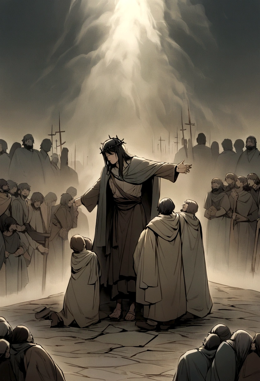 "Create a poignant and powerful scene depicting Jesus carrying the cross. Place Jesus in the foreground, showing his expression of pain and determination as he bears the heavy wooden cross on his shoulders. His clothes should be tattered and worn, with a crown of thorns on his head. The background should include a rugged path leading to Golgotha, with a dark, stormy sky overhead to evoke a sense of somberness and gravity. Surround Jesus with Roman soldiers and a crowd of onlookers, some expressing sorrow and others indifferent. Use a muted, earthy color palette to highlight the raw emotion and suffering in the scene, emphasizing the weight of the moment and the sacrifice being made."