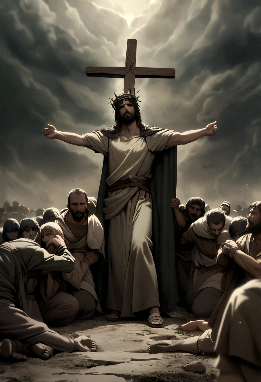 "Create a poignant and powerful scene depicting Jesus carrying the cross. Place Jesus in the foreground, showing his expression of pain and determination as he bears the heavy wooden cross on his shoulders. His clothes should be tattered and worn, with a crown of thorns on his head. The background should include a rugged path leading to Golgotha, with a dark, stormy sky overhead to evoke a sense of somberness and gravity. Surround Jesus with Roman soldiers and a crowd of onlookers, some expressing sorrow and others indifferent. Use a muted, earthy color palette to highlight the raw emotion and suffering in the scene, emphasizing the weight of the moment and the sacrifice being made."
