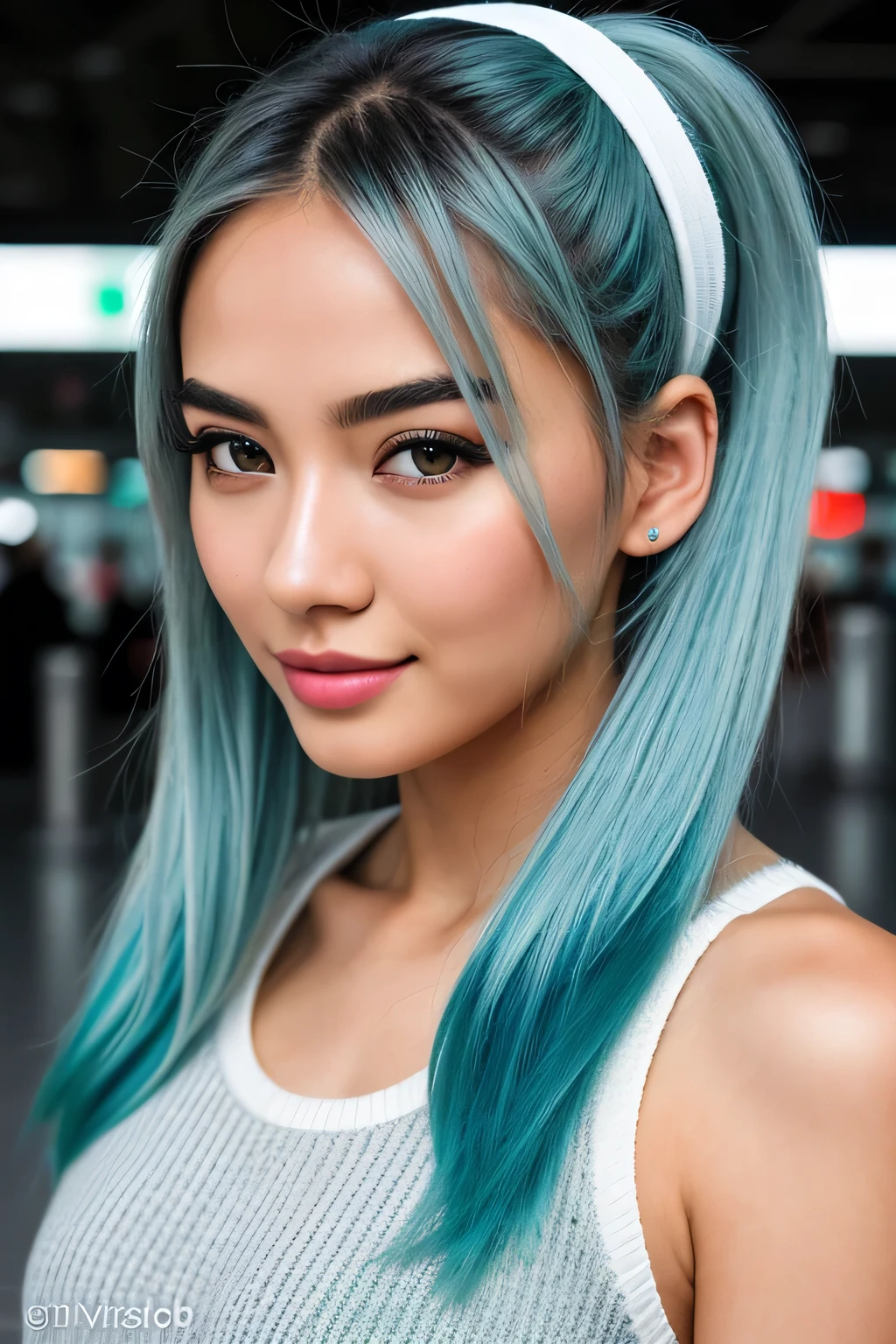photo of (emikin:0.99), woman as a sexy TikTok influencer, cobalt hair, blue hair , teal hair , twintails, piggy tails, backpack, grey tracksuit, indoors , at airport , awaiting flight, background airport flight board , bangkok airport , world traveling , digital nomad , laptop, (extremely detailed CG unity 8k wallpaper), photo of the most beautiful artwork in the world, professional majestic (photography by Steve McCurry), 8k uhd, dslr, film grain, Fujifilm XT3 sharp focus, f 5.6, High Detail, Sharp focus, dramatic, (looking at viewer:1.2), (detailed pupils:1.3), (natural light), (seductive) , (masterpiece:1.3), (8k, photorealistic, RAW photo, best quality: 1.4), (1girl), beautiful face, (realistic face), beautiful hairstyle, realistic eyes, beautiful detailed eyes, (realistic skin), beautiful skin, (black sweater), absurdres, attractive, ultra high res, ultra realistic, highly detailed, golden ratio, woman with white skin and Asian features, 24-year-old blue hair (green-eyed woman), Her eyebrows are well-defined, with a natural arch that complements her eye shape. She has a small, elegant nose with a slight upward curve at the tip. Her lips are full and naturally pink, with a well-defined Cupid's bow. Her teeth are straight and white, enhancing her captivating smile. Her face has an oval shape with high cheekbones that add to her model-like appearance.