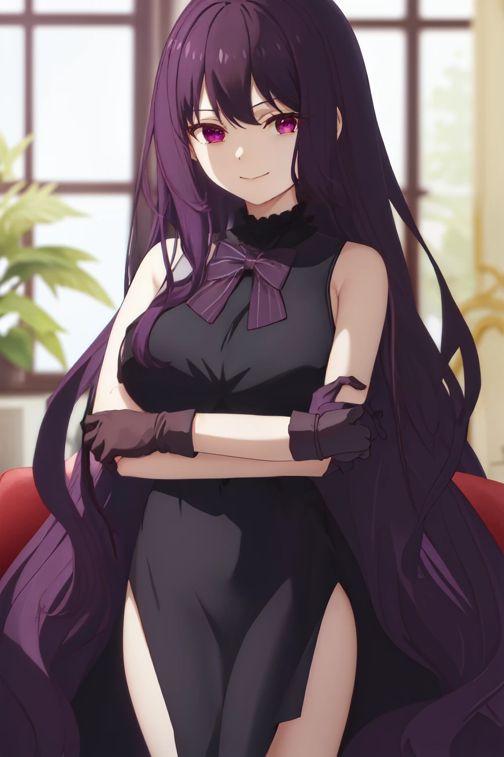 best quality, masterpiece, highres, solo, {tilty_claret_tenseioujototensaireijounomahoukakumei:1.15}, long_hair, bangs, purple_hair, purple_eyes, black_hair, blurry, 1girl, black_dress, closed_mouth, dress, smile, gloves, looking_at_viewer, very_long_hair, indoors, black_gloves, big breast, crossed_arms