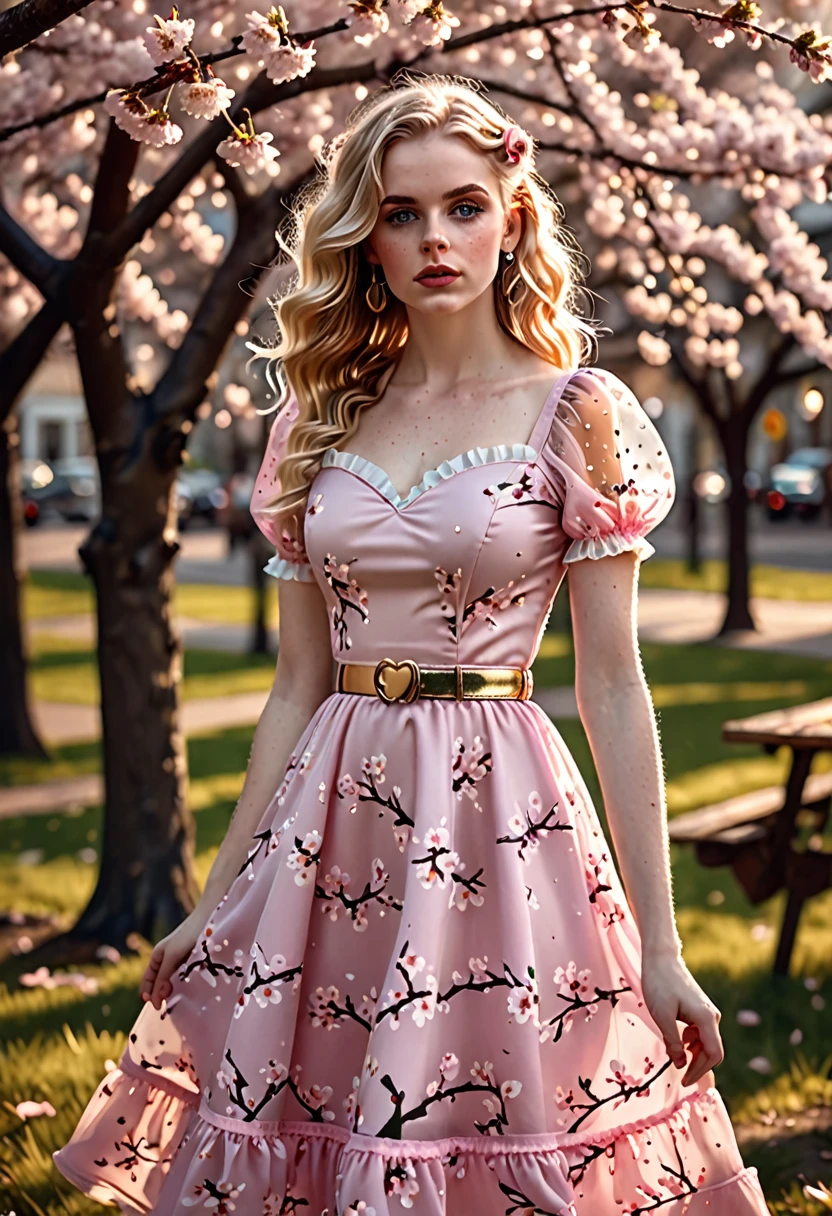 A beautiful sensual, curvy blonde kid wearing a sweet Pink Party Contrast Mesh, Ruffle Hem, All Over cherry blossoms Print, A Line, Short puff Sleeves, Sweetheart neckline, thin gold belt with tiny heart buckle, High Waist,Flounce hem Long gown, very long curling hair, cute, sweet, town picnic, warm party atmosphere, pretty, pretty lighting, 8k, octane render, detailed, detailed background, 35mm, realistic, photorealistic, perfect face, cherry blossoms barrettes in hair, freckles, American 