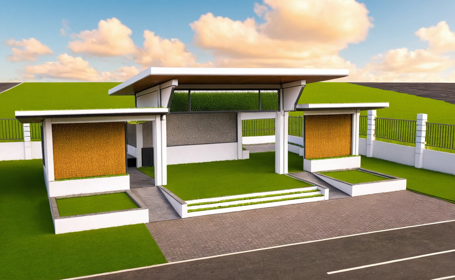 Masterpiece, high quality, best quality, authentic, super detail, outdoors, huts style modern, bietthuhn, white concrete wall, field landscape, sunset, gate road, pavement, grass, trees, blue sky, cloud, (day:1.1), realistic lighting